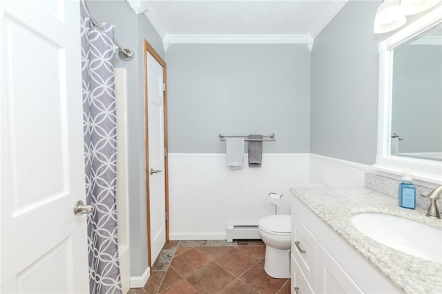 bathroom with ornamental molding, baseboard heating, vanity, and toilet