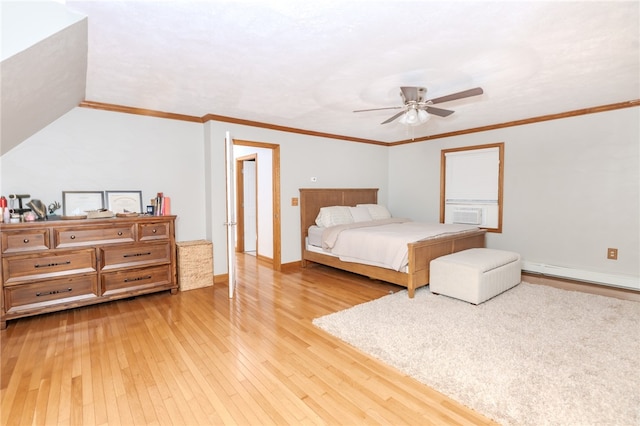 bedroom featuring ceiling fan, light wood-type flooring, ornamental molding, and a baseboard radiator