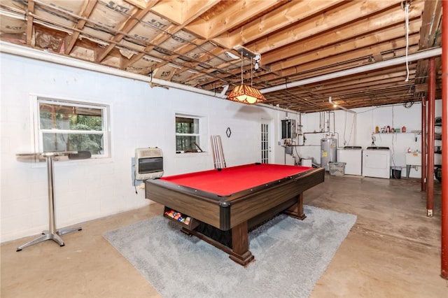 recreation room with washer and dryer, concrete floors, pool table, and water heater