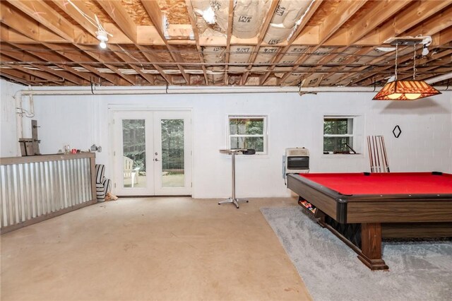 playroom with pool table, french doors, and concrete flooring