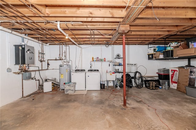 basement featuring washing machine and dryer and electric water heater