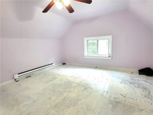 bonus room with ceiling fan, lofted ceiling, and a baseboard heating unit