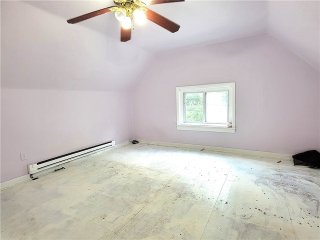 bonus room with a baseboard radiator, ceiling fan, and lofted ceiling