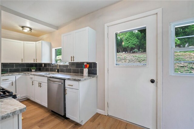 kitchen featuring a wealth of natural light, stainless steel dishwasher, and light hardwood / wood-style flooring