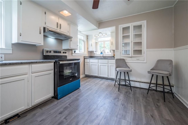 kitchen with a baseboard radiator, under cabinet range hood, electric range, white cabinetry, and wainscoting