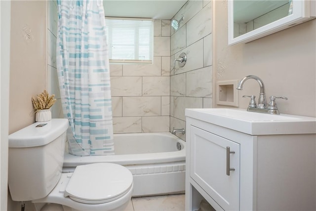 full bath with vanity, shower / bath combination with curtain, and toilet