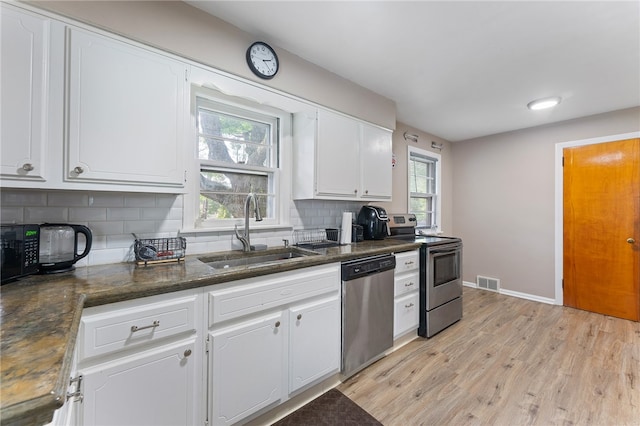 kitchen featuring light wood-type flooring, stainless steel appliances, sink, and white cabinets