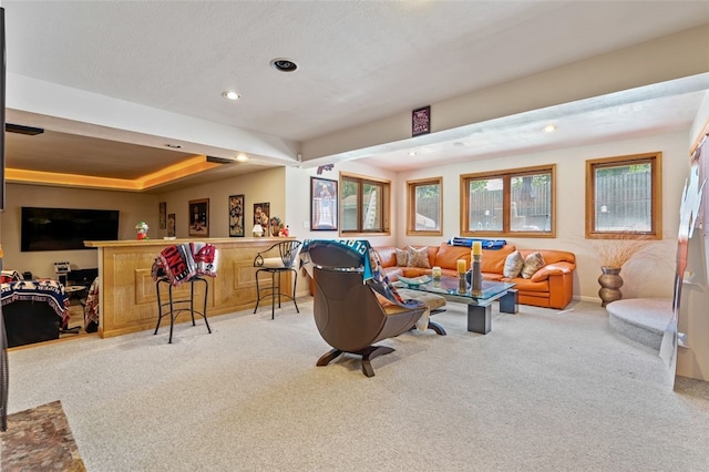 carpeted living room featuring a tray ceiling