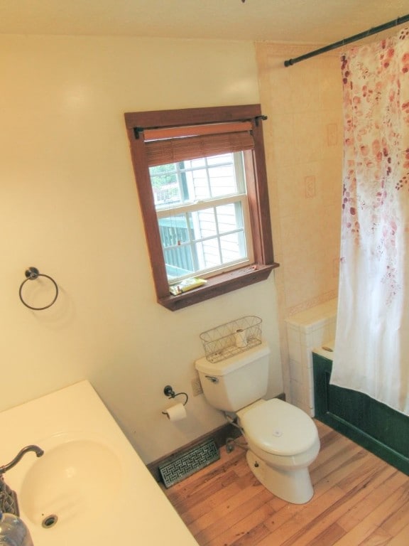 bathroom featuring sink, wood-type flooring, and toilet