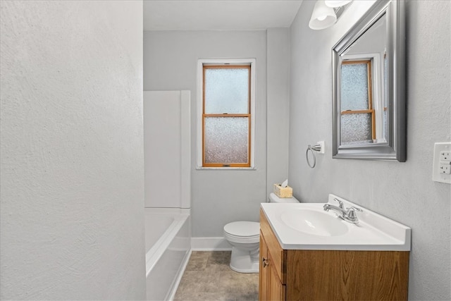 full bathroom featuring tile patterned floors, independent shower and bath, vanity, and toilet