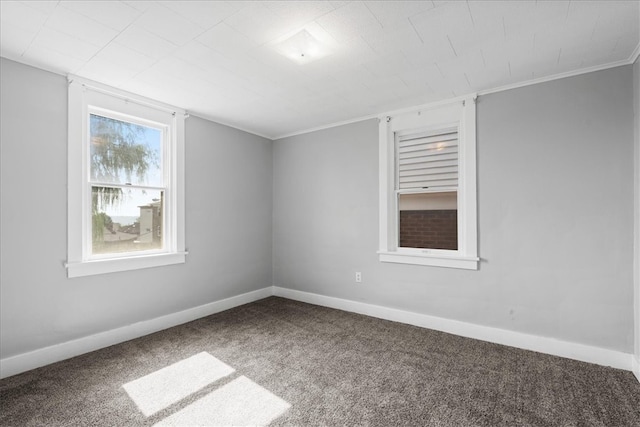 spare room featuring carpet flooring, plenty of natural light, and ornamental molding