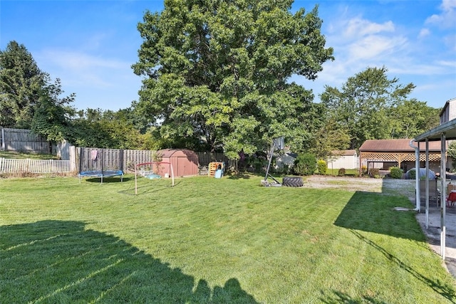 view of yard featuring a storage unit and a trampoline