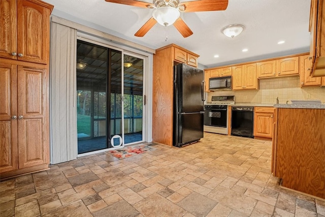 kitchen with tasteful backsplash, black appliances, and ceiling fan