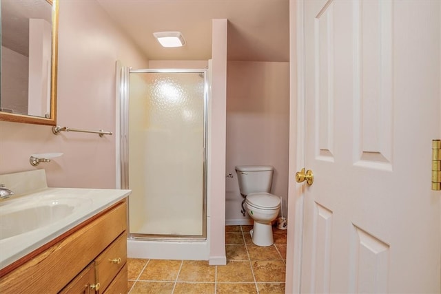 bathroom with toilet, a shower with shower door, vanity, and tile patterned floors