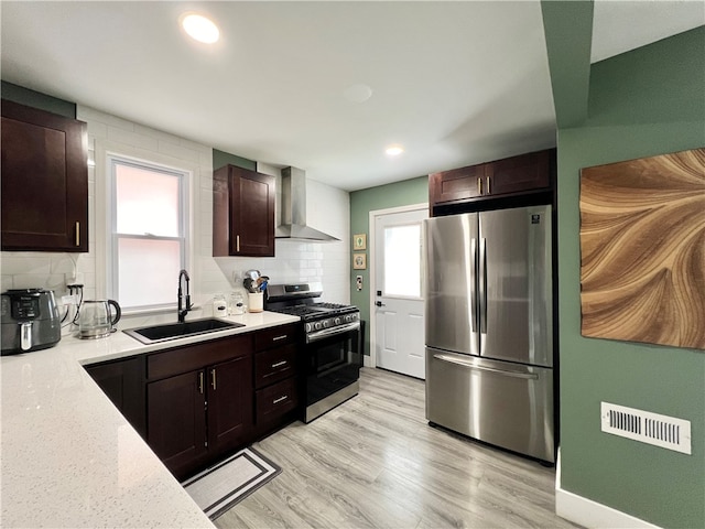 kitchen featuring appliances with stainless steel finishes, decorative backsplash, light hardwood / wood-style floors, wall chimney exhaust hood, and sink