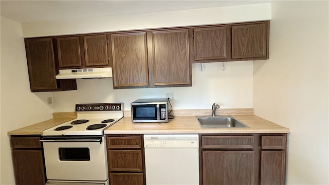 kitchen featuring sink, white appliances, and dark brown cabinets