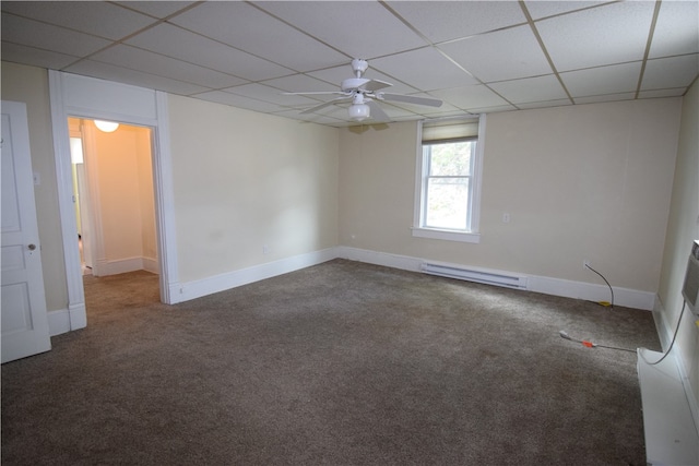 spare room with a baseboard radiator, carpet, a paneled ceiling, and ceiling fan