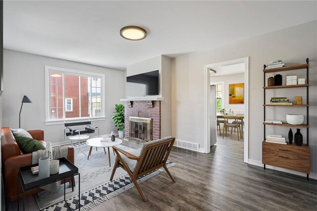 living room featuring a fireplace and dark wood-type flooring