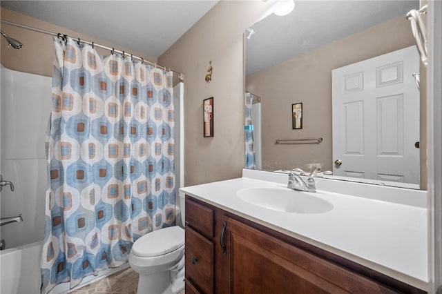 full bathroom with vanity, toilet, and shower / bath combination with curtain