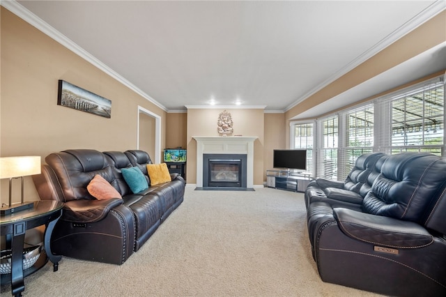 living room featuring ornamental molding and carpet