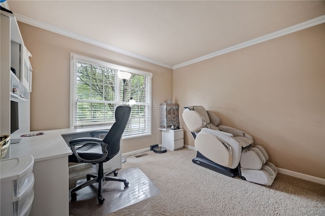 carpeted office space with ornamental molding