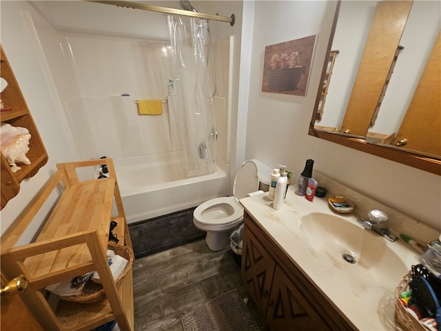 full bathroom with toilet, hardwood / wood-style floors, vanity, and shower / bathtub combination with curtain