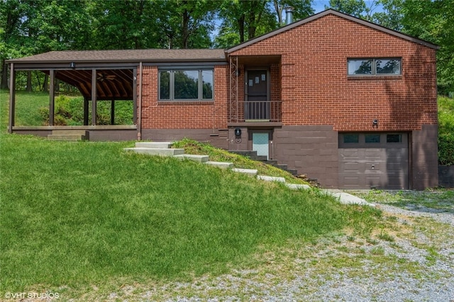 exterior space with a garage and a front lawn