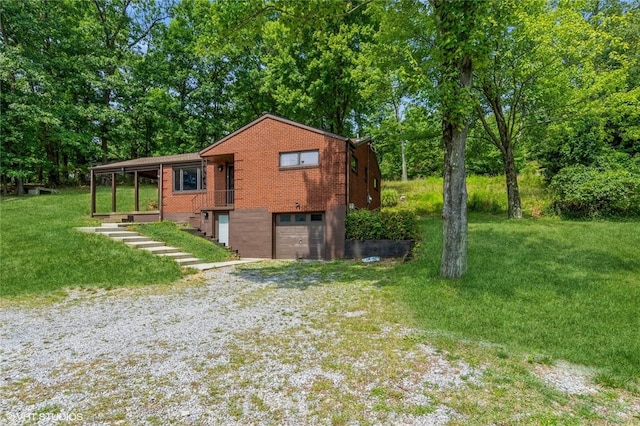 view of home's exterior with a lawn and a garage