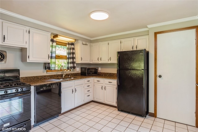 kitchen with light tile patterned flooring, sink, crown molding, and black appliances