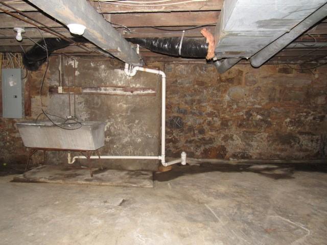 unfinished below grade area with electric panel and a sink