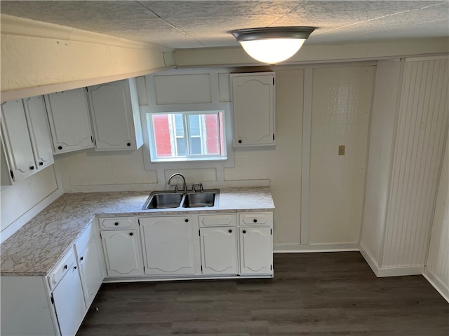 kitchen with sink, white cabinets, and dark hardwood / wood-style flooring