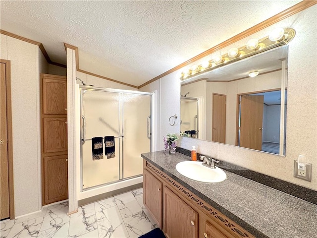 full bathroom with ornamental molding, a stall shower, marble finish floor, and vanity