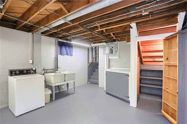 basement with sink and electric panel