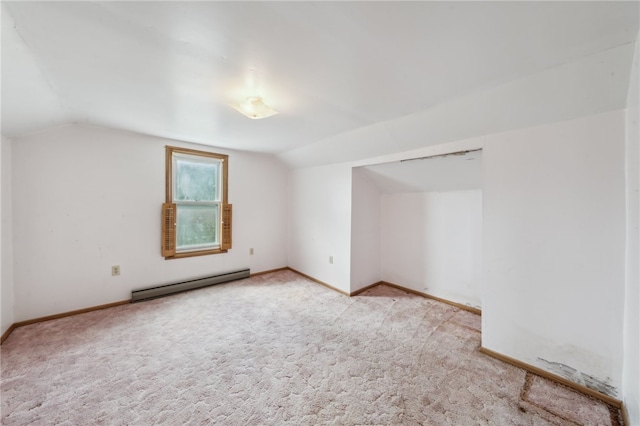 bonus room with light colored carpet, baseboard heating, and lofted ceiling