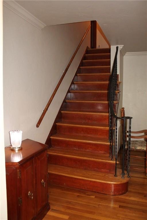 stairs featuring ornamental molding and wood finished floors