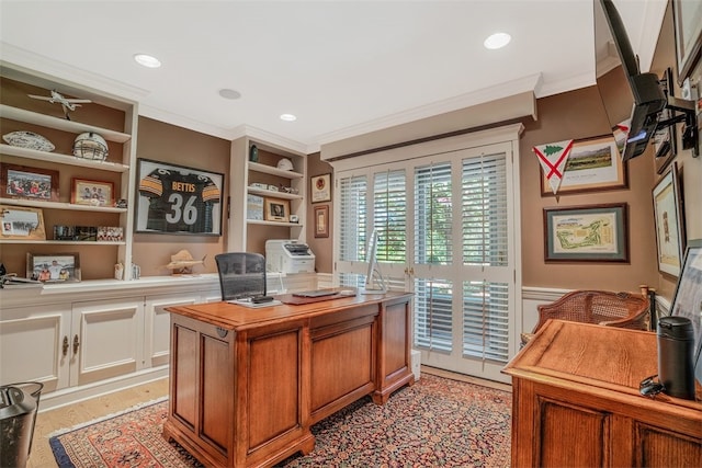 office with ceiling fan, ornamental molding, and built in features