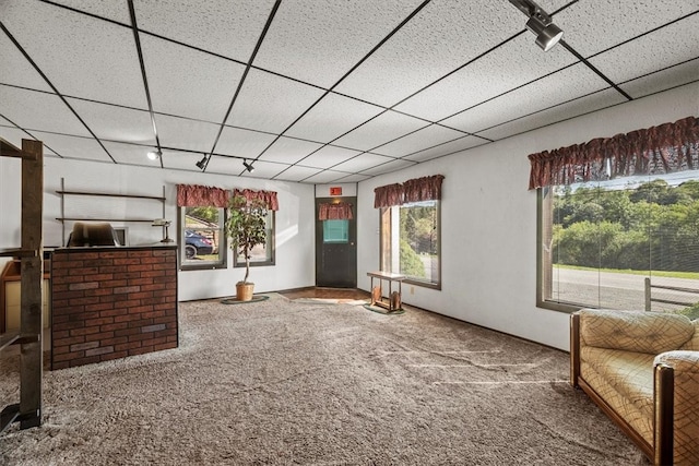 interior space with a paneled ceiling, track lighting, and carpet floors