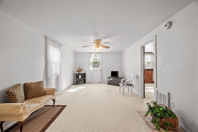 living area with ceiling fan, carpet floors, and crown molding