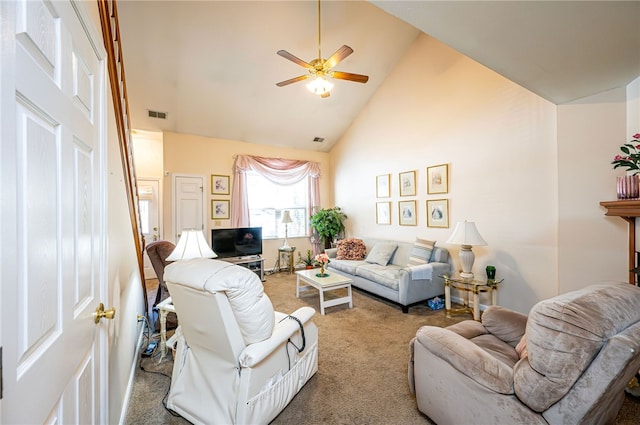 living room featuring ceiling fan, carpet, and high vaulted ceiling