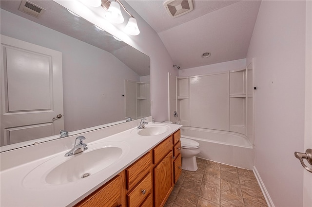 full bathroom with toilet, shower / bathtub combination, tile patterned flooring, vanity, and lofted ceiling