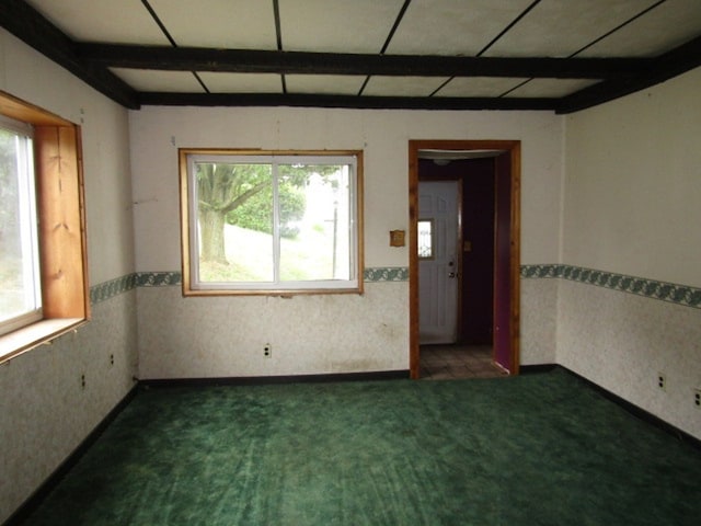 spare room with carpet floors, a healthy amount of sunlight, and beamed ceiling