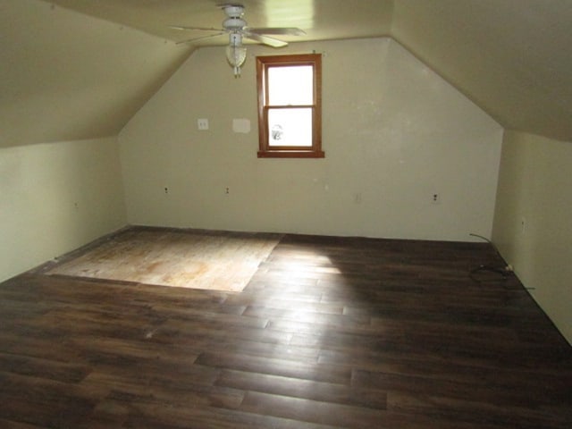 bonus room featuring ceiling fan, vaulted ceiling, and hardwood / wood-style floors