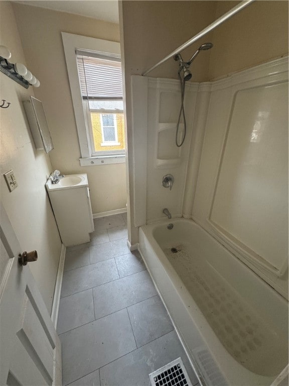 bathroom with shower / bathing tub combination, tile patterned flooring, and vanity