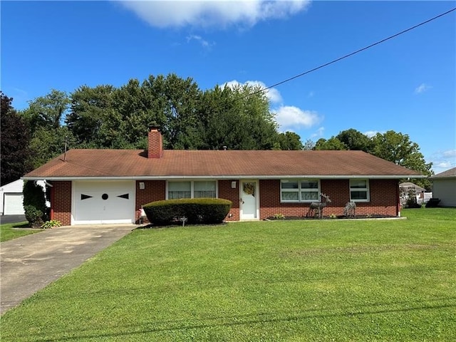 ranch-style house with a garage and a front lawn