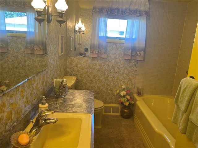 bathroom featuring toilet, a bathtub, a healthy amount of sunlight, and vanity