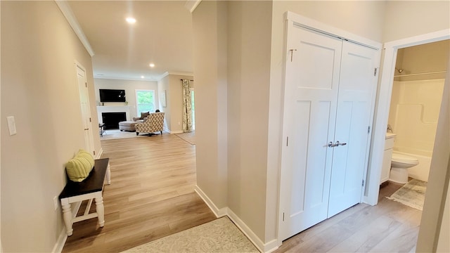 hallway with light wood-type flooring and crown molding