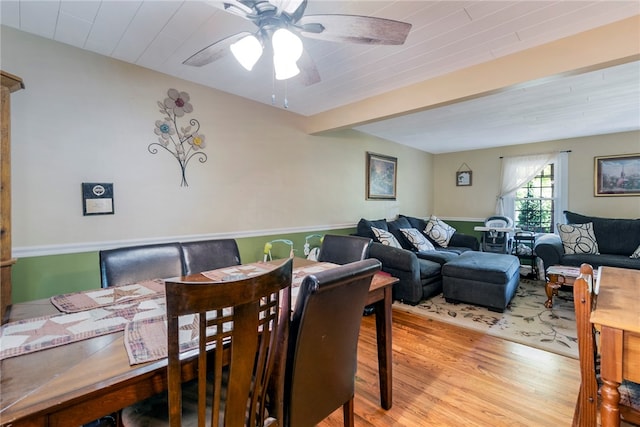 dining area with ceiling fan and light hardwood / wood-style floors