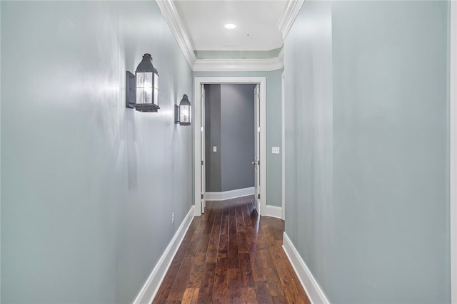 corridor featuring crown molding and dark wood-type flooring