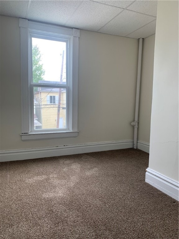 unfurnished room featuring carpet and a paneled ceiling