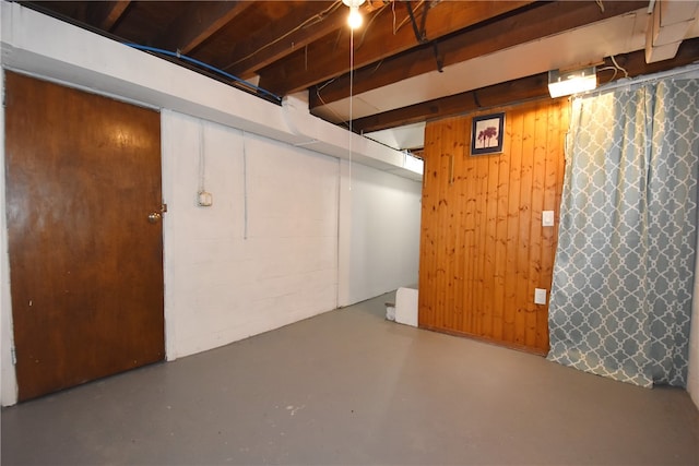 basement featuring wood walls